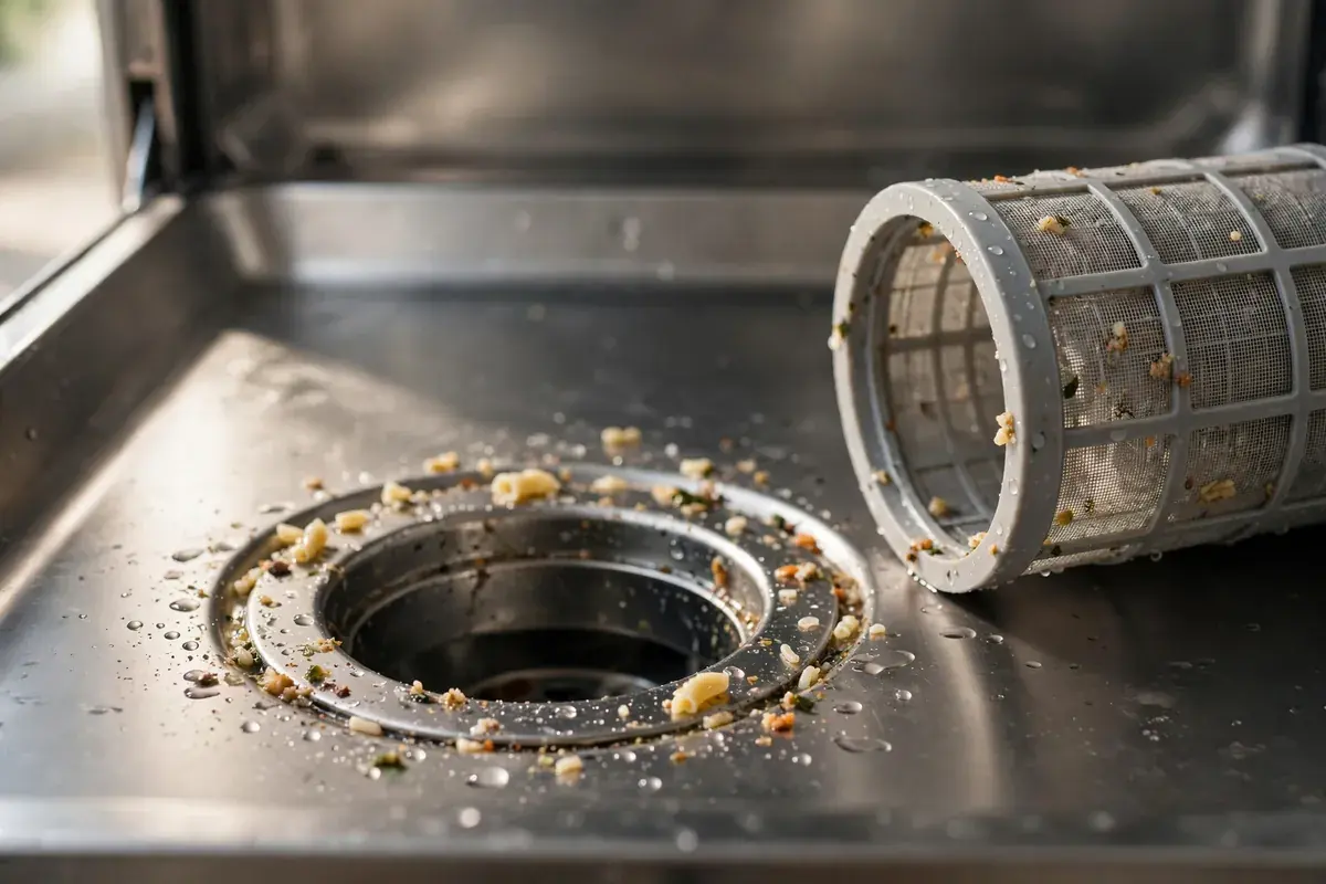 Close-up of a dishwasher filter basket lifted from the tub floor with trapped debris around it