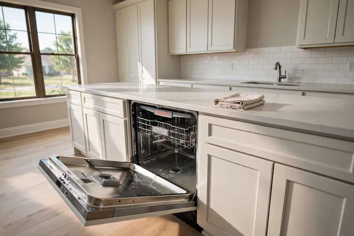 Open dishwasher with a shallow pool of water standing in the tub