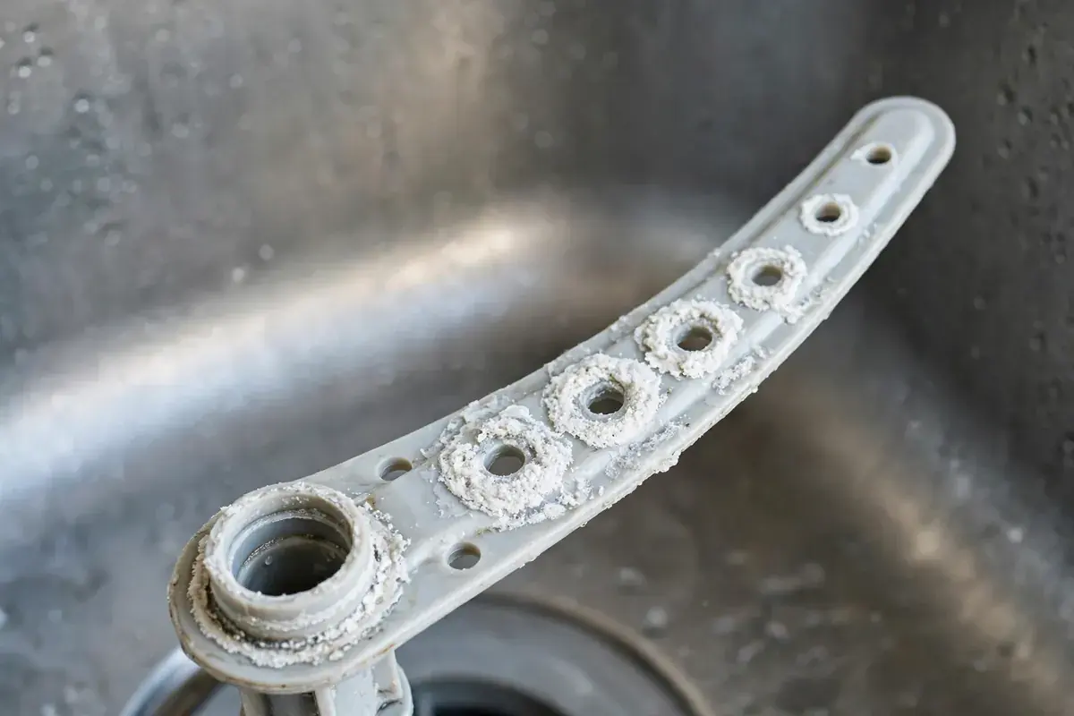 Close-up of a dishwasher spray arm with white mineral scale on its nozzles