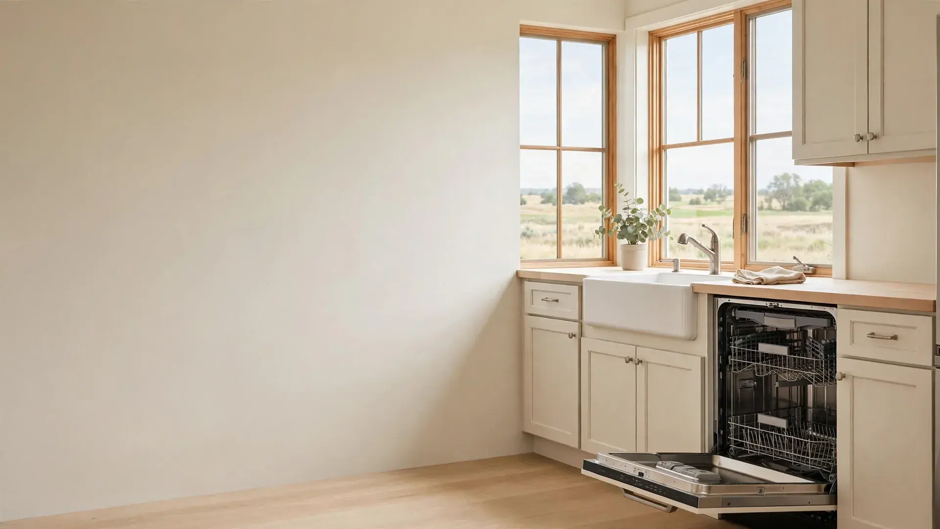 Built in stainless dishwasher with the door open in a Kansas kitchen