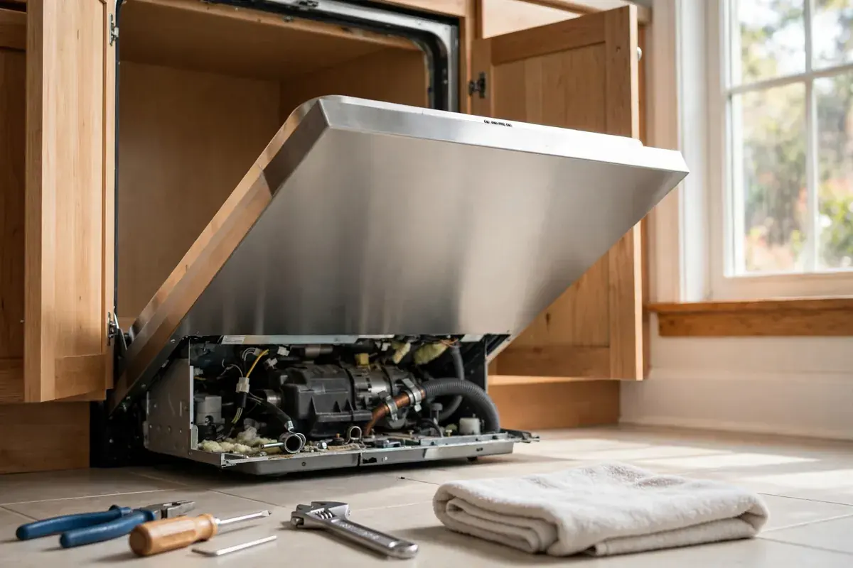 Dishwasher slid out of its cabinet with the lower panel removed