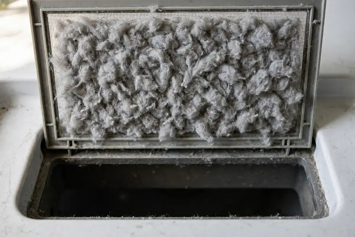 Lint screen pulled from a dryer with a thick mat of lint on the mesh