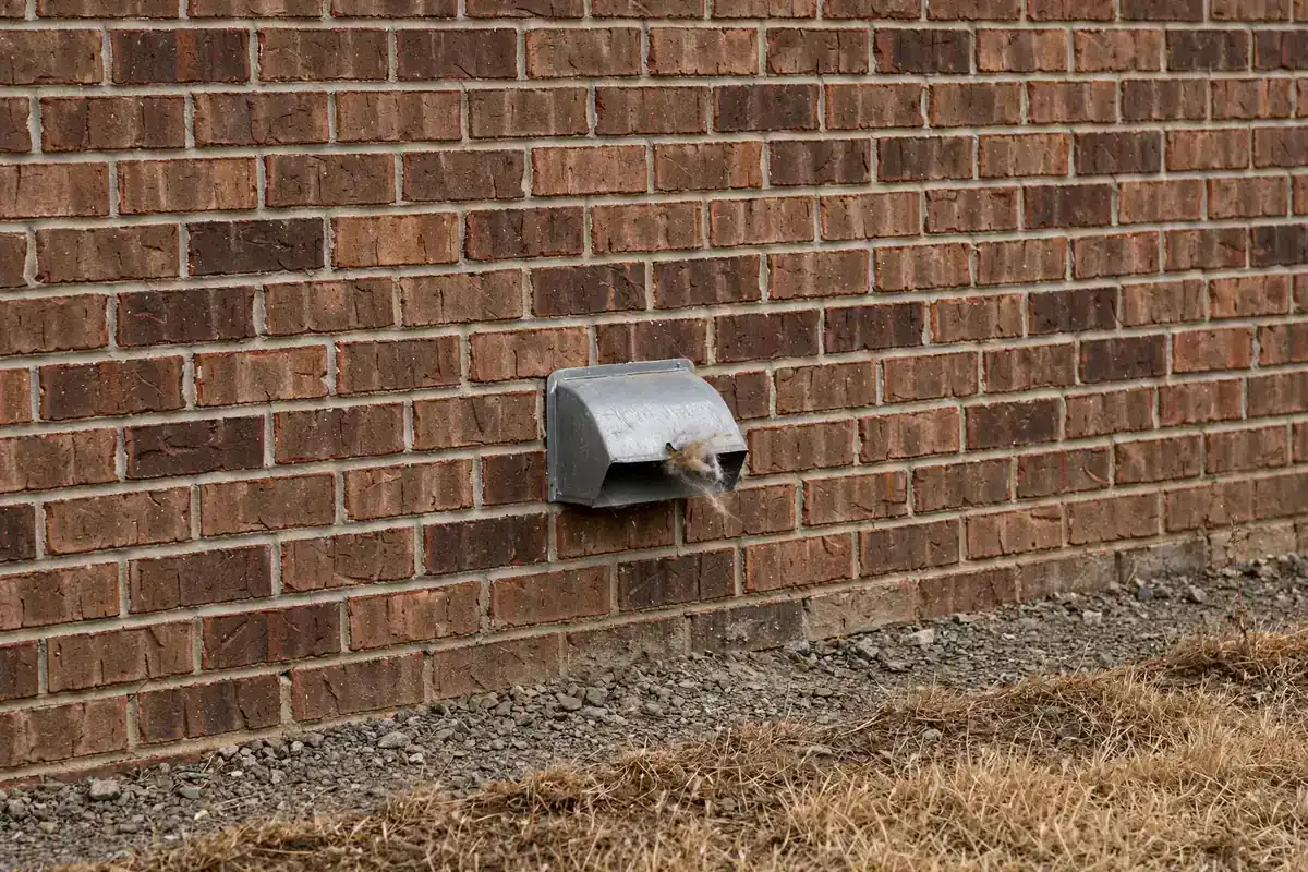 Dryer vent hood on a brick wall with its flap stuck shut