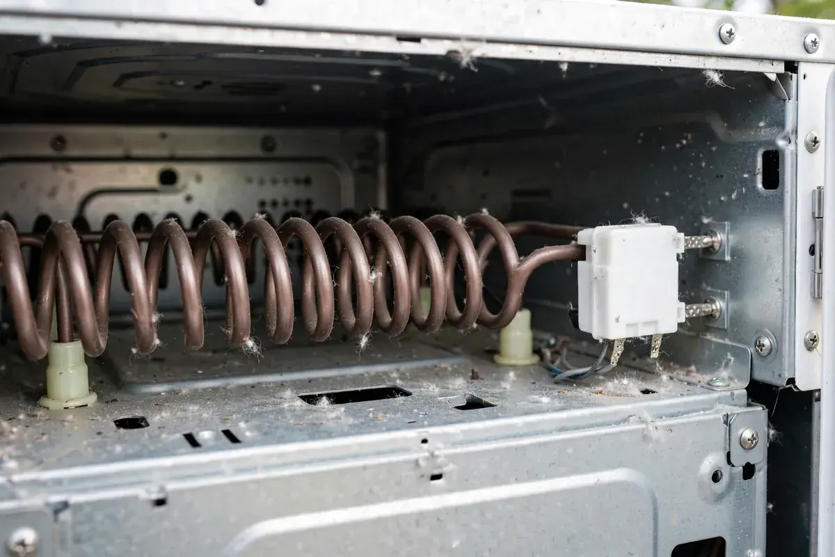 Dryer heating element coil seen through the opened back panel of an electric dryer