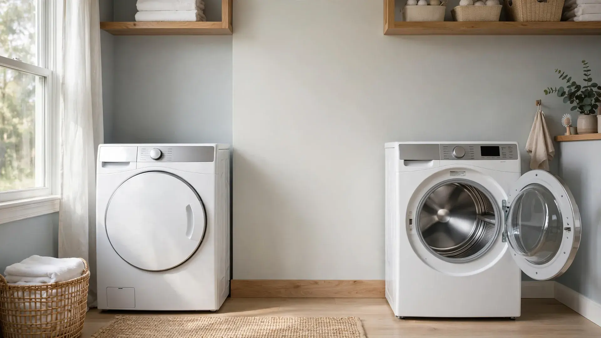 Front panel and drum of a dryer open in a bright laundry room