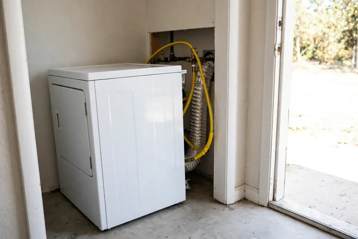 Gas dryer pulled forward in a utility closet showing its gas connector