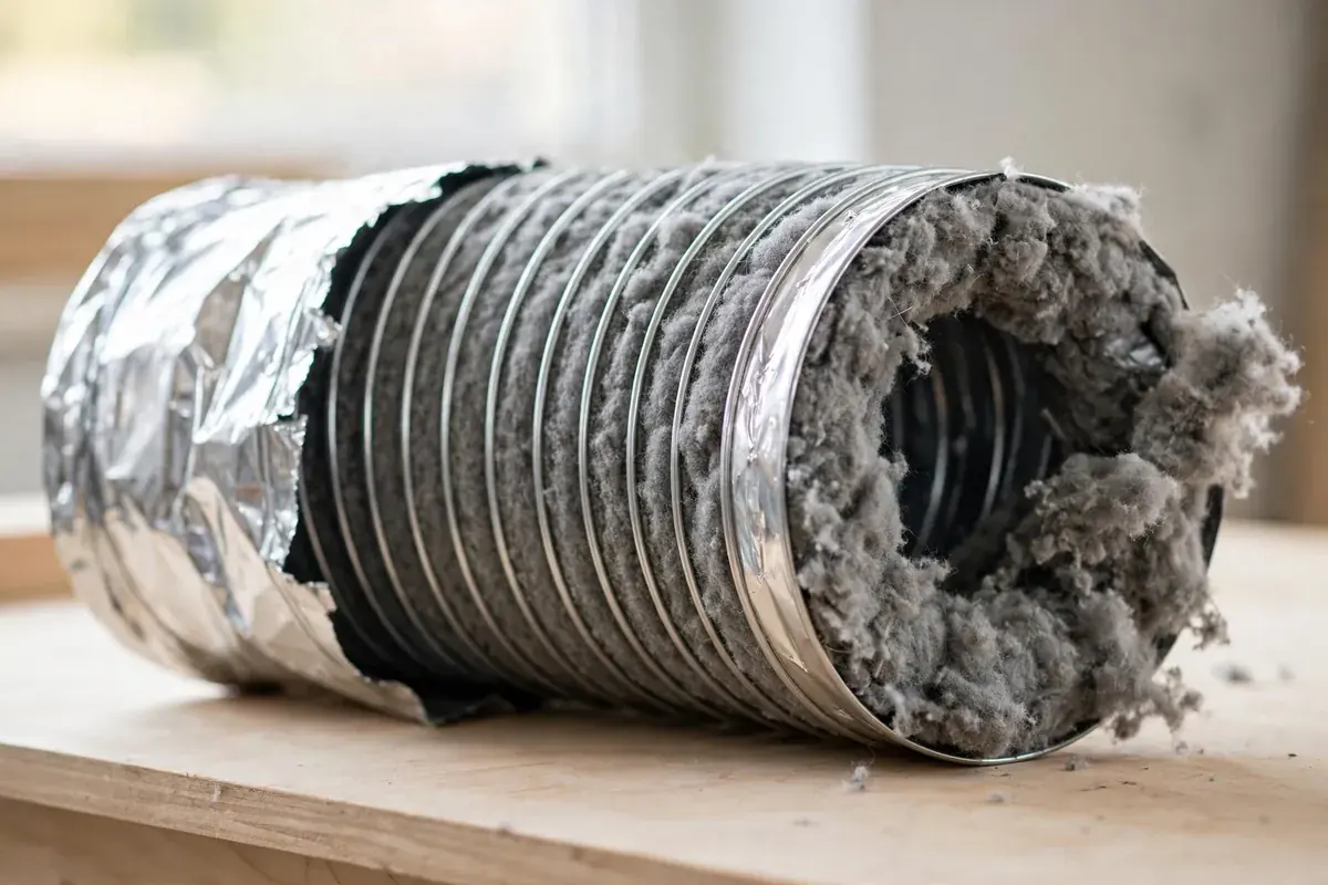 Section of clogged dryer vent duct packed with gray lint held open at one end