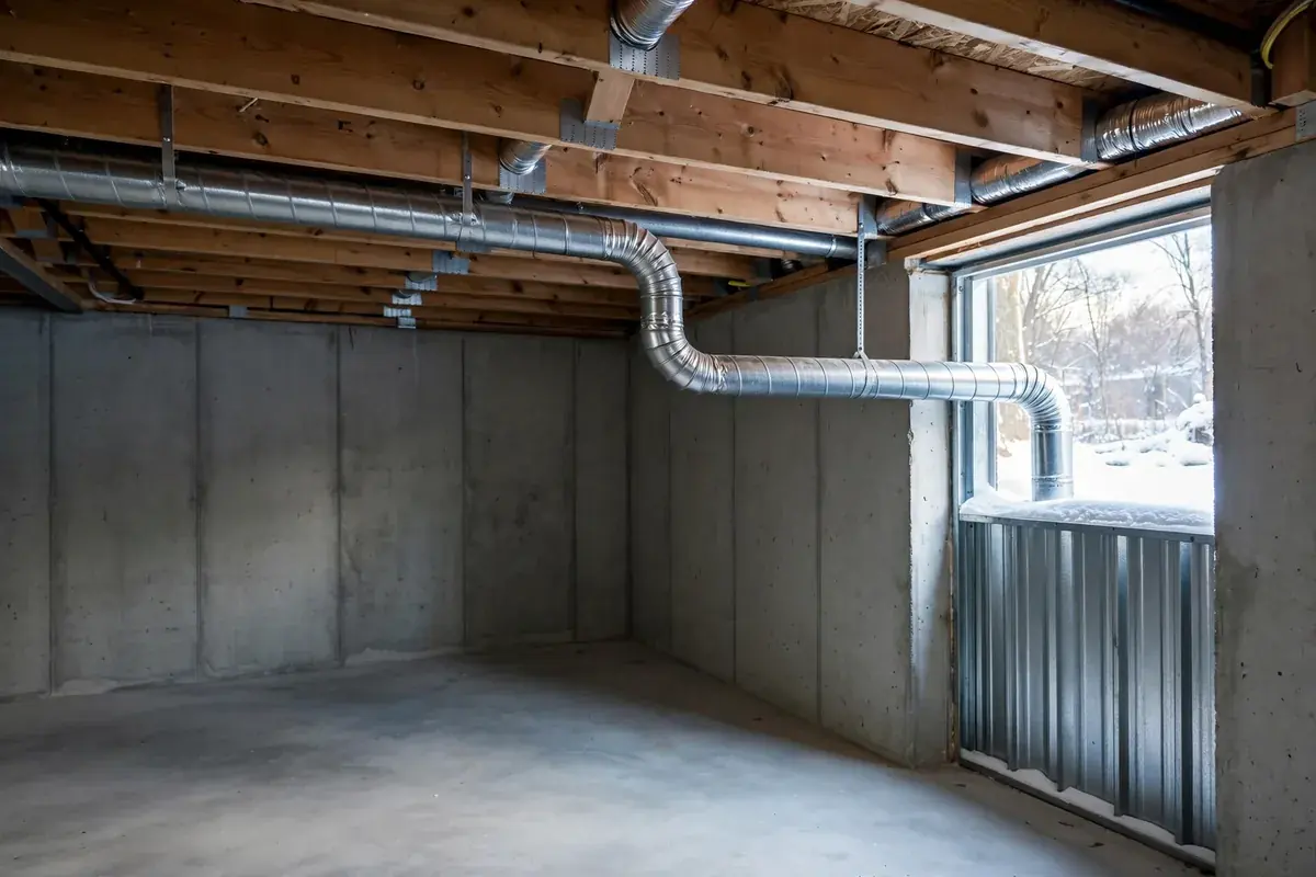 Silver dryer duct running along a basement ceiling to an outside wall