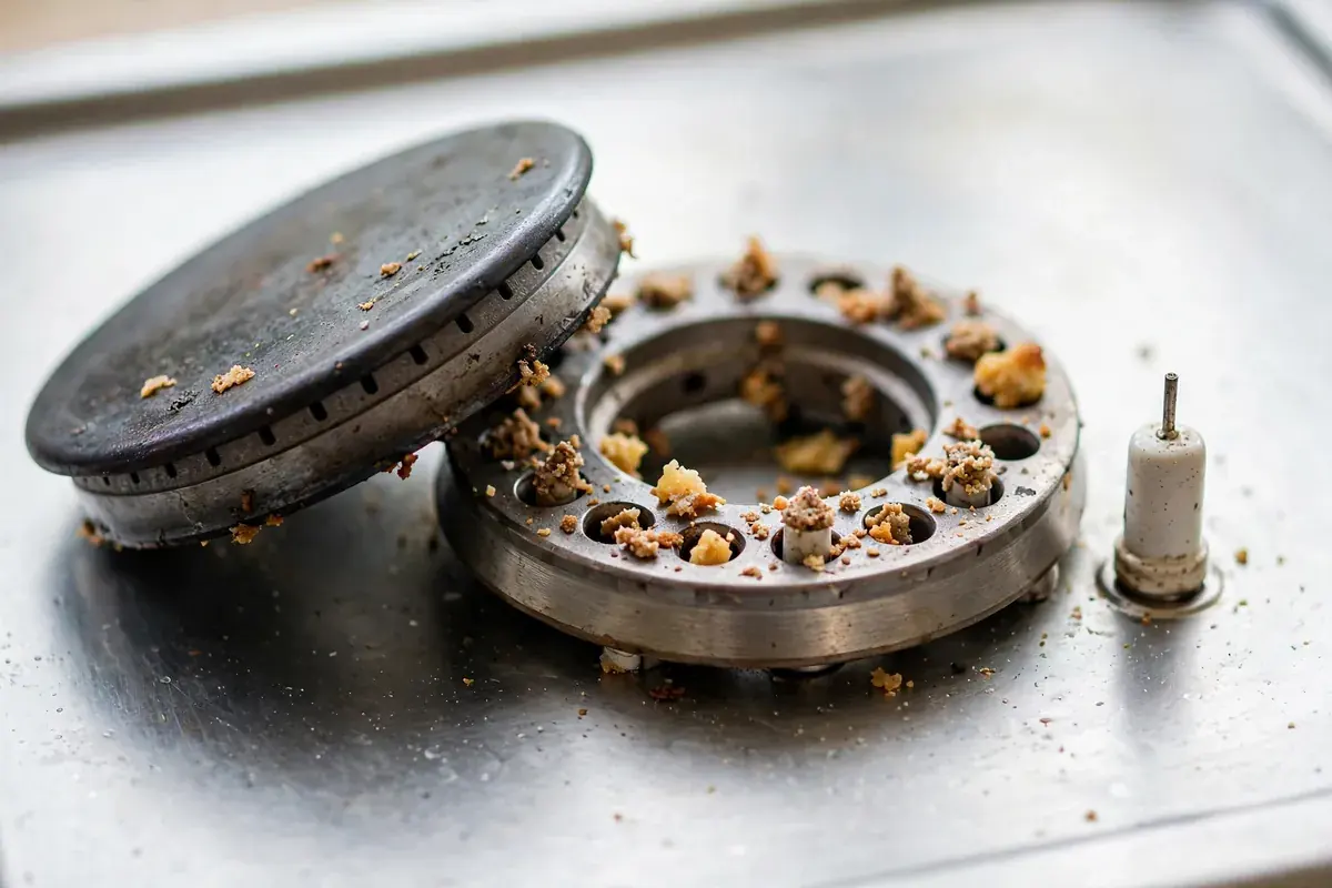 Gas burner igniter electrode beside a burner cap with a few clogged ports