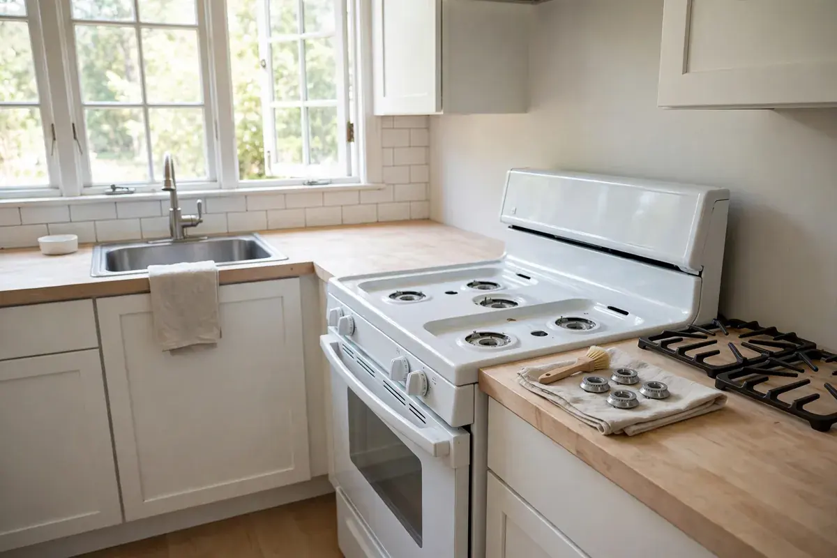 Gas range with the burner caps lifted off beside a soft brush