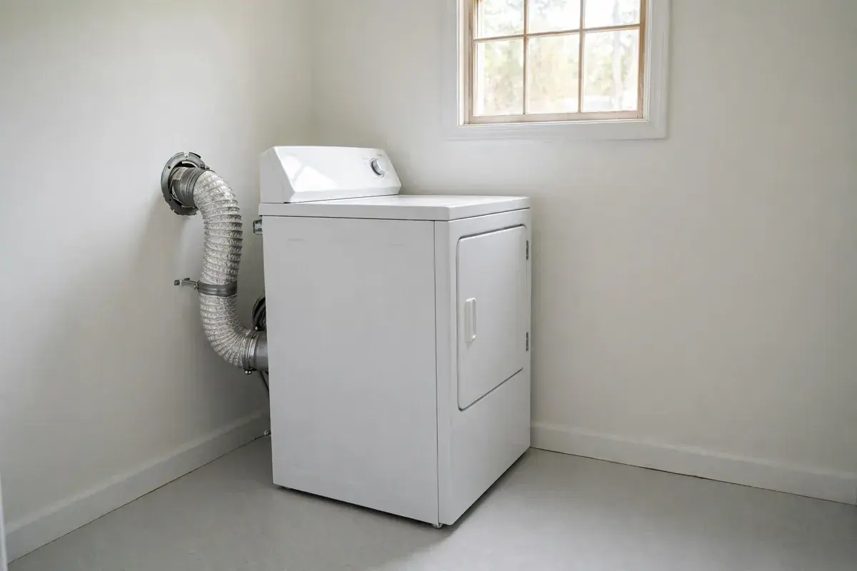 Dryer pulled out from the wall with the vent connection and a clean floor behind it