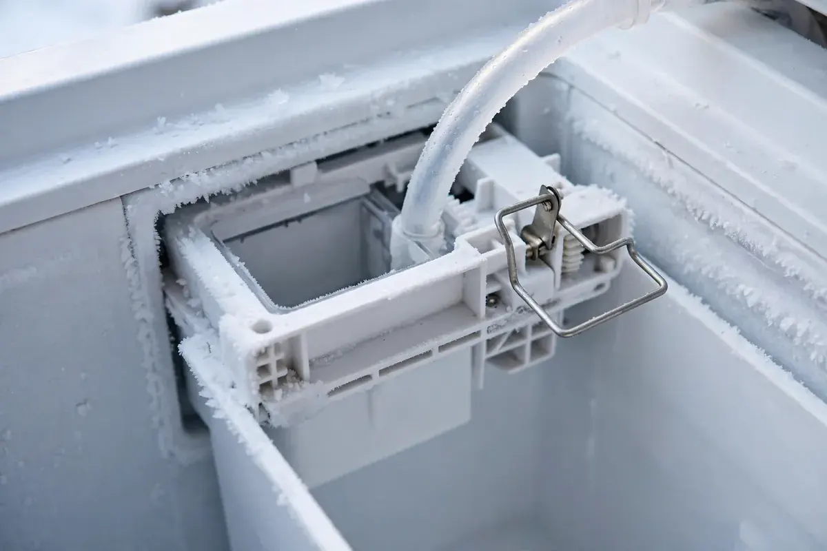 Freezer ice maker unit with the ice bin removed and the fill tube visible