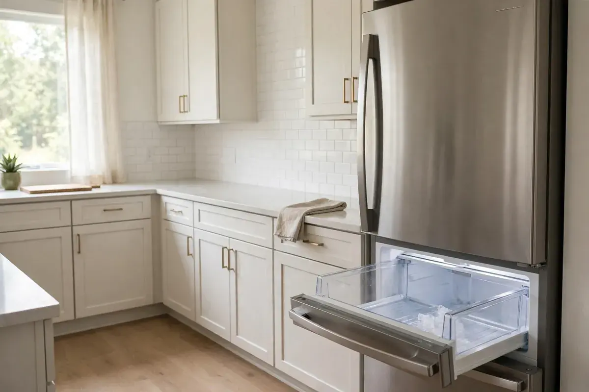 Open refrigerator freezer drawer with an ice bin that is nearly empty in a tidy kitchen