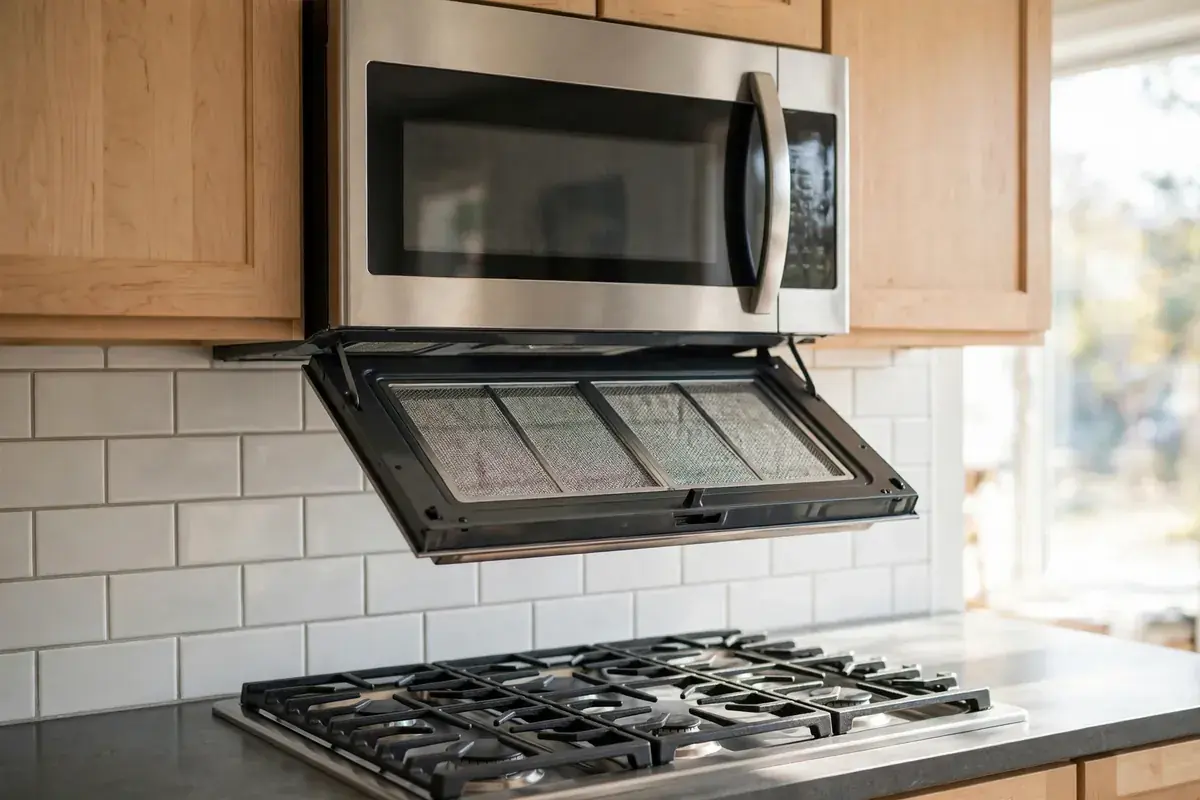 Over the range microwave with its bottom panel and charcoal filter lowered above a gas cooktop