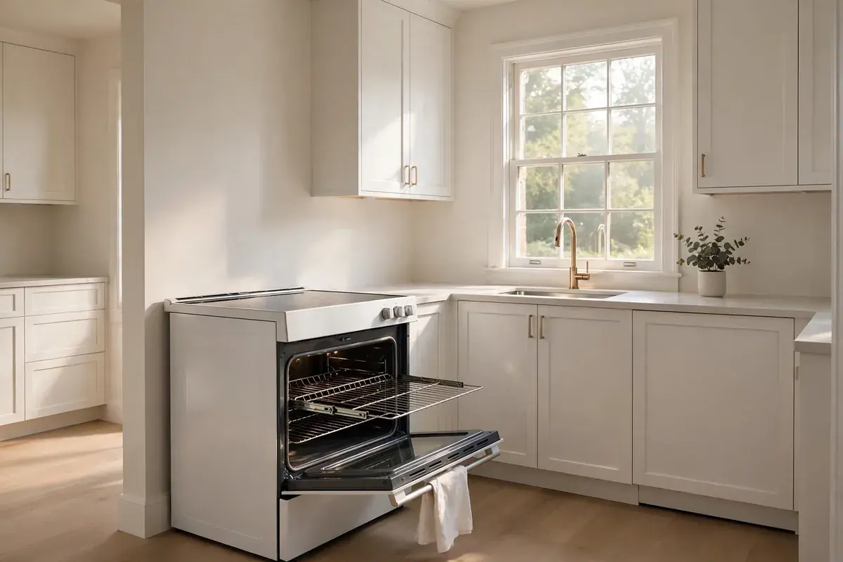 Freestanding electric range in a tidy kitchen with the oven door open