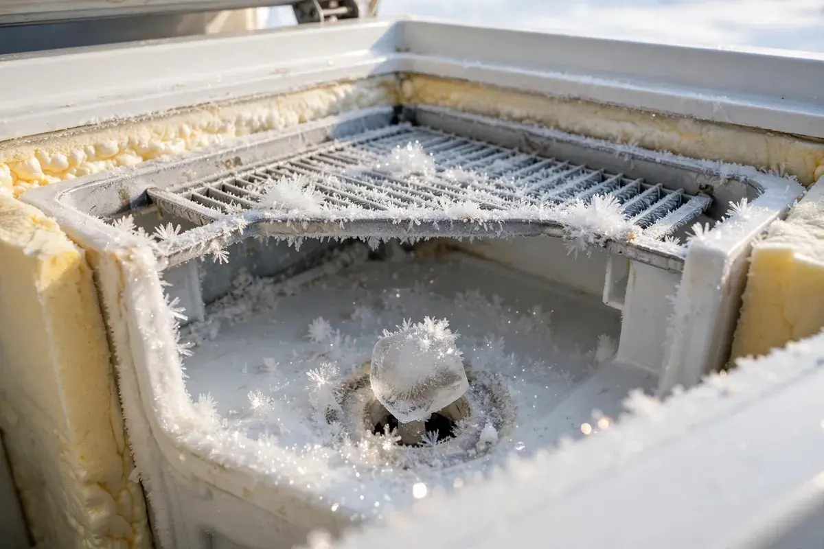 Defrost drain area at the back of a freezer wall with a small ice clog