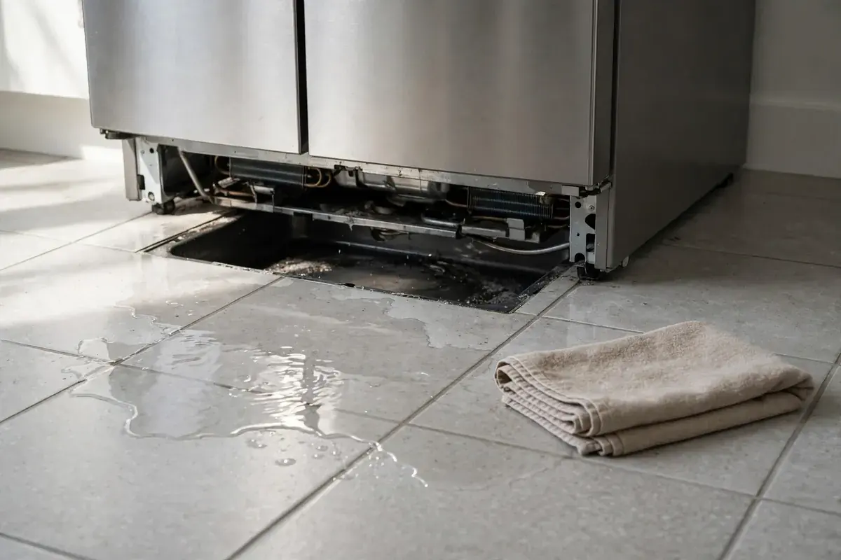 Puddle on a kitchen floor in front of a refrigerator with the toe grille removed