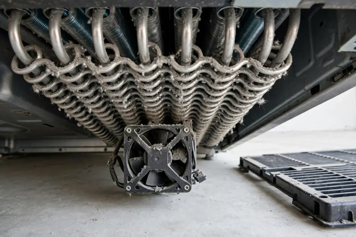 Dusty condenser coils beneath a refrigerator with the grille removed