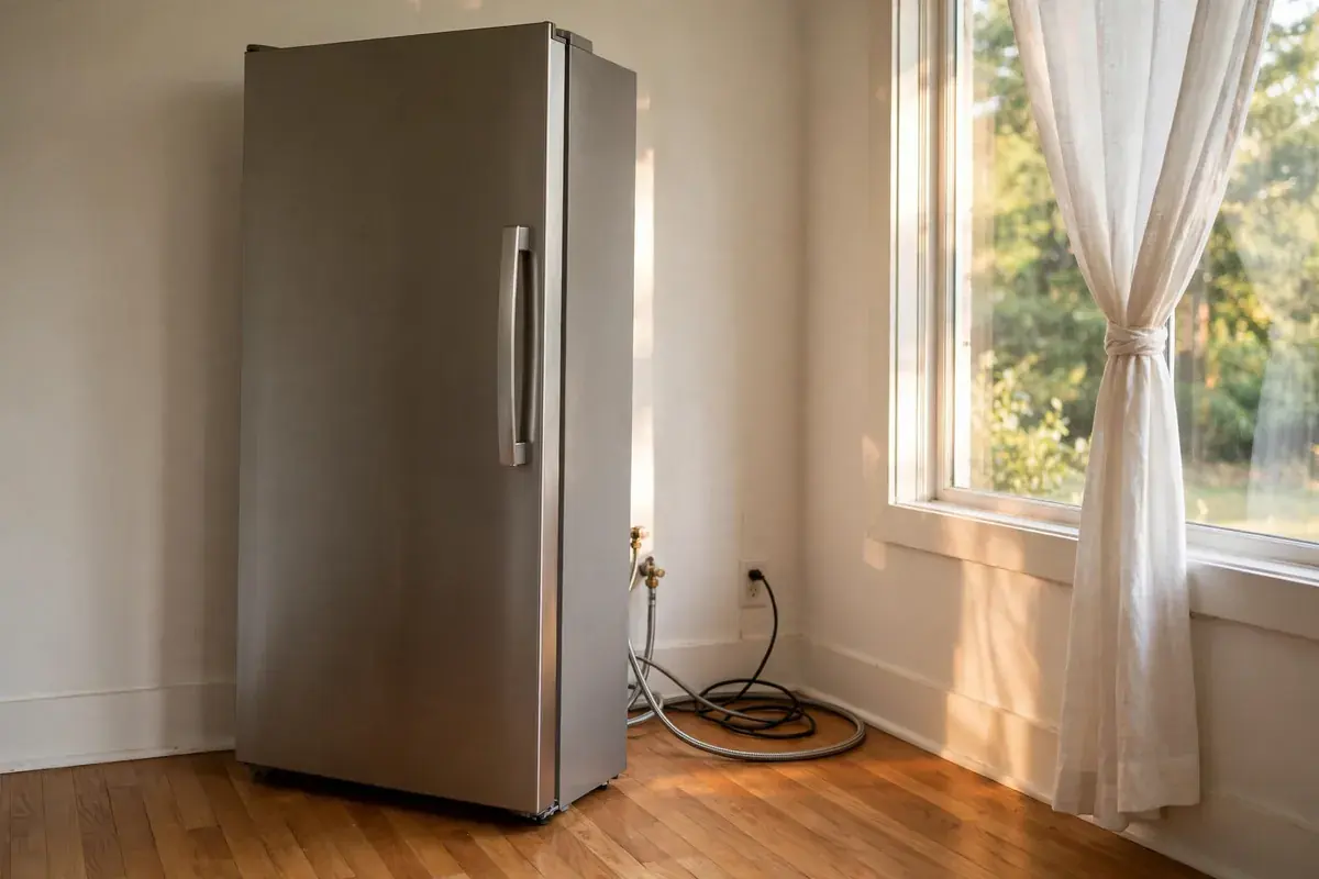 Refrigerator pulled from the kitchen wall showing its water line and cord