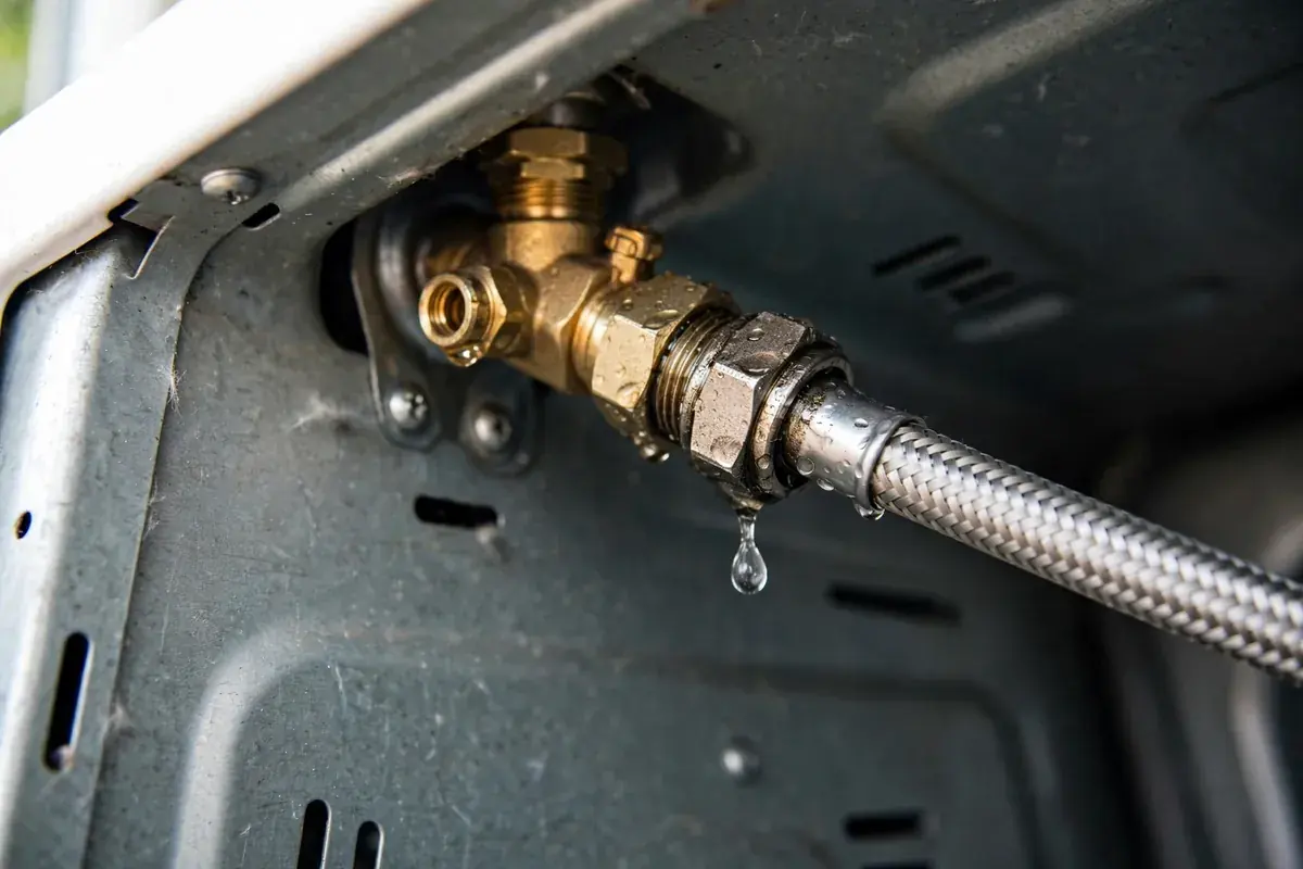 Washer inlet hose connection at the back with a wet fitting and a drip below it