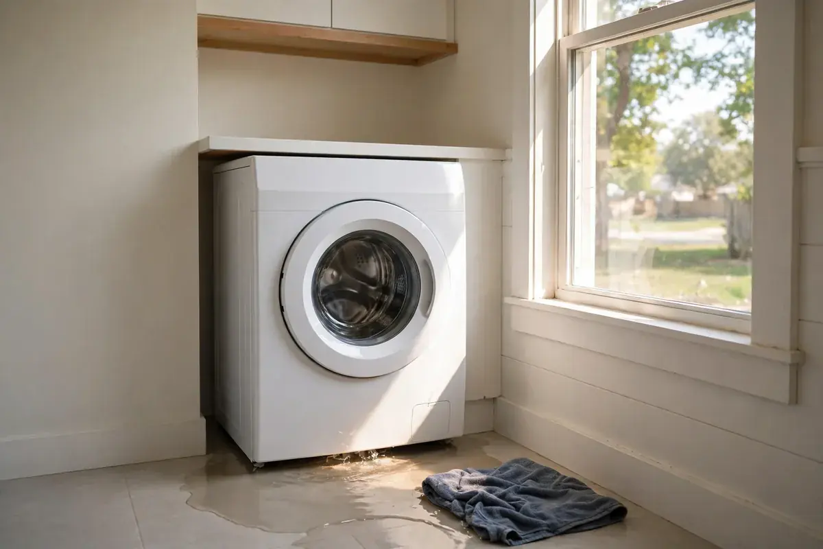 Laundry room floor with a puddle spreading beneath a front load washer