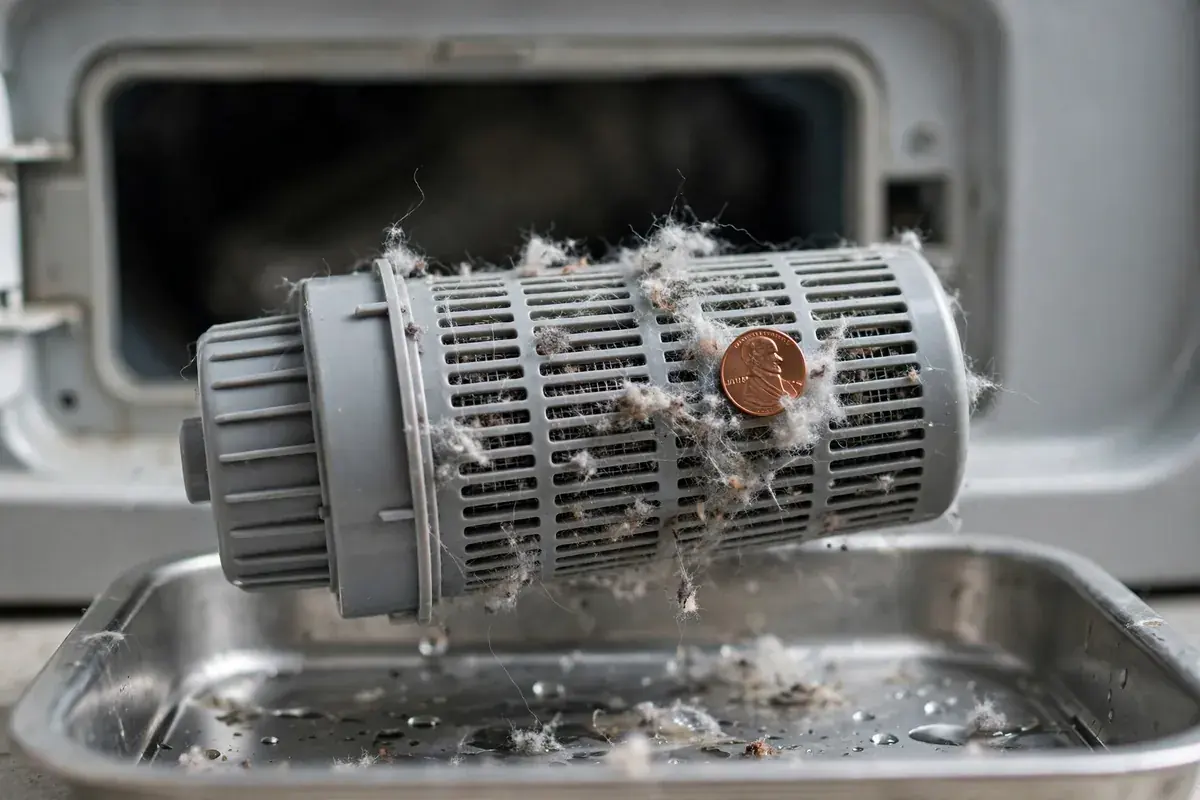 Washer drain pump filter cap unscrewed with lint and a coin caught inside