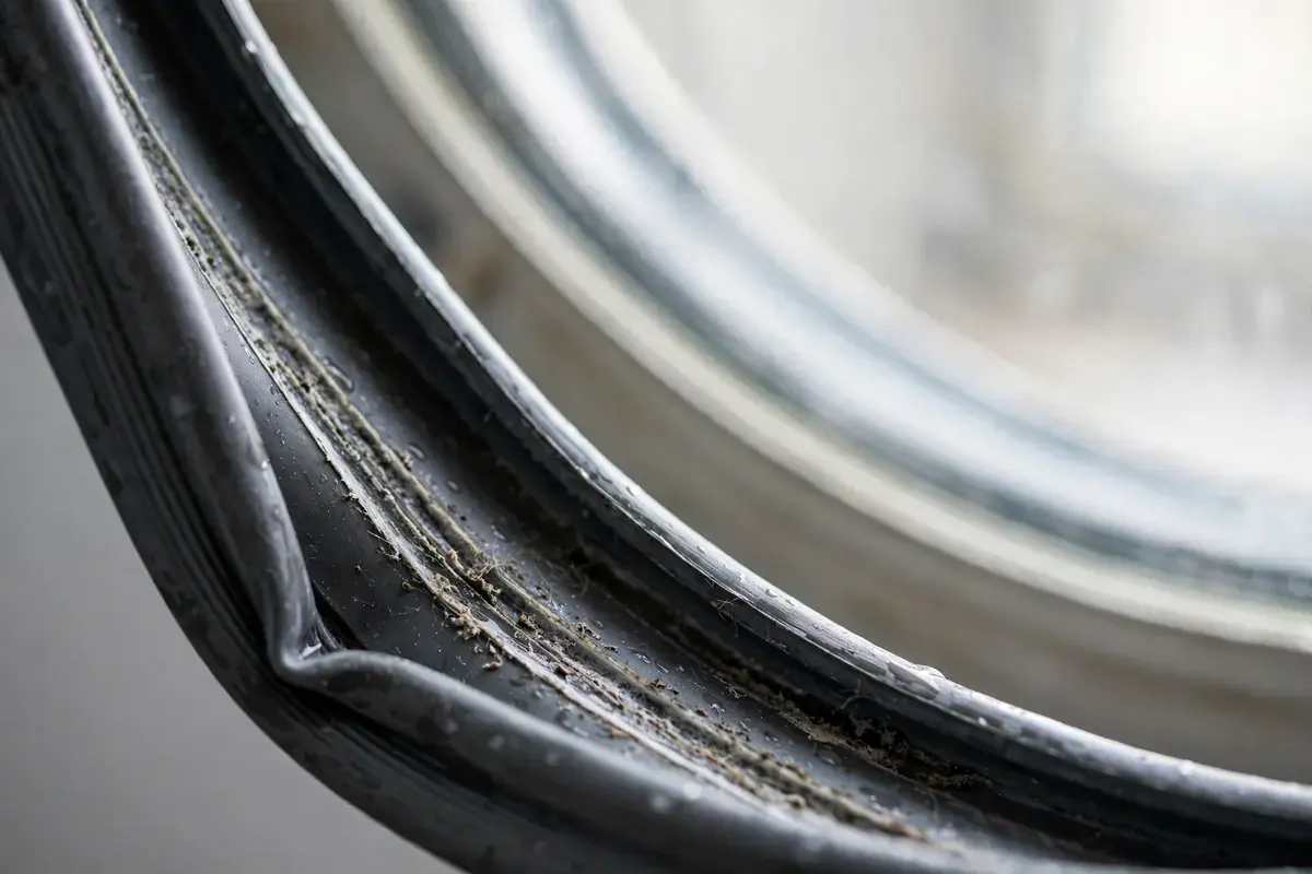 Front load washer door gasket folded back to show a damp ring of residue
