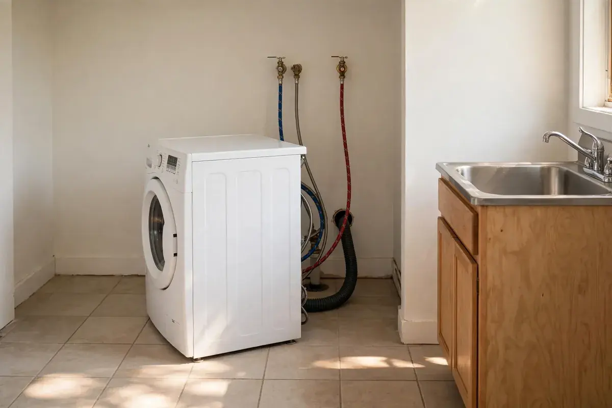 Washer pulled from its alcove showing both water hoses and the drain hose